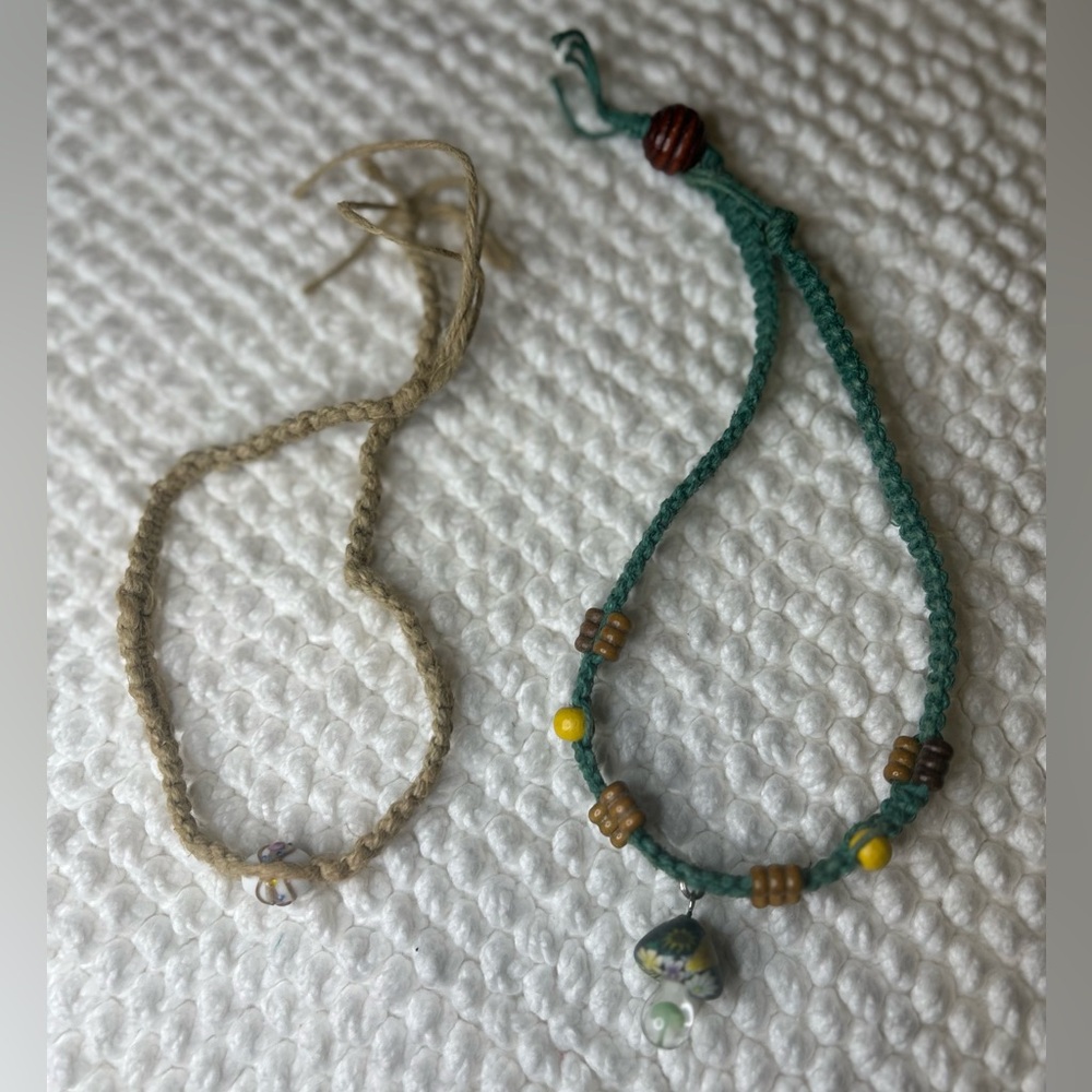 Set of Green and Cream Glass Beaded Hemp Necklaces